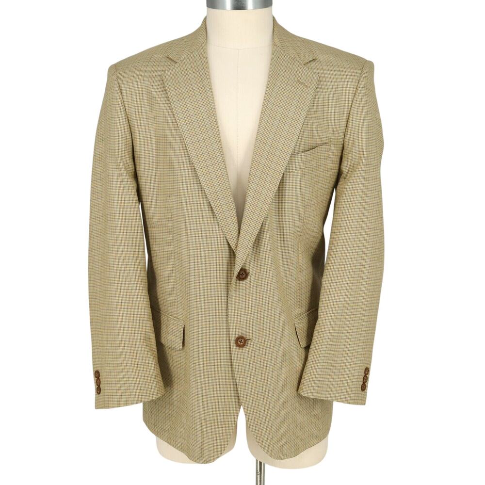 Alan Flusser Sport Coat Mens 44R Beige Silk Wool Herringbone Check Plaid Jacket